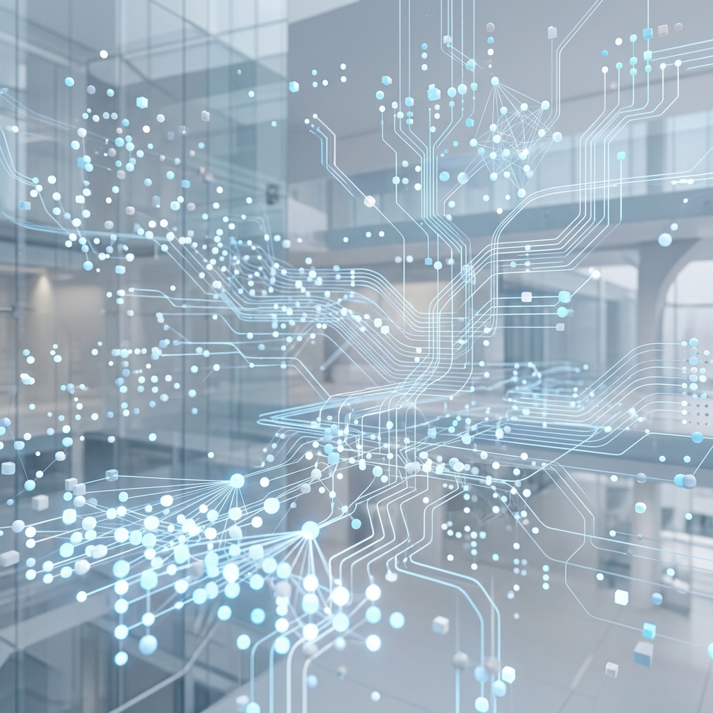 Abstract visualization of AI data analytics and machine learning, floating data points, connecting lines, modern corporate aesthetic, light gray and pastel blue, 3d render, no text